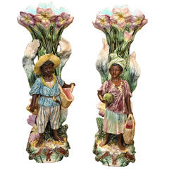 Pair of 19th Century French Hand-Painted Barbotine Blackamoor Vases 8