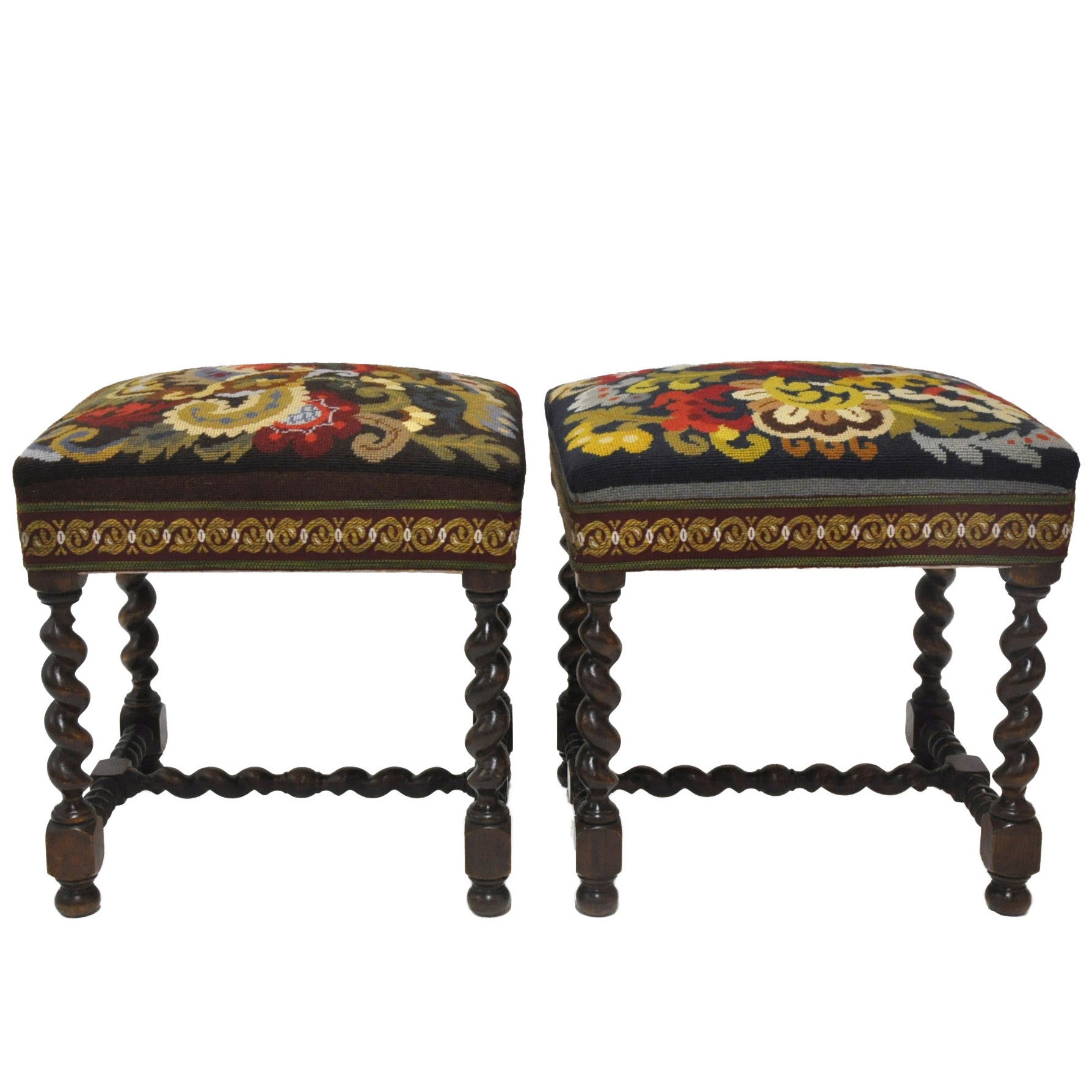 Pair of  Louis XIII Antique Walnut Barley Twist Stools with Needlepoint Tapestry