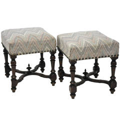 Pair of Louis XIII Antique French Stools with Stretcher
