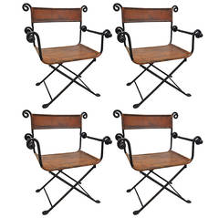 Set of Four Italian Wrought Iron Campaign Folding Armchairs with Brown Leather
