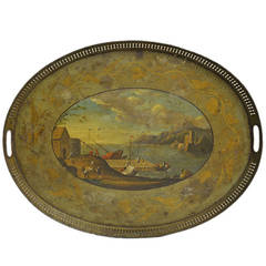 19th Century French Hand-Painted Oval Tole Tray with Harbor Scene 2