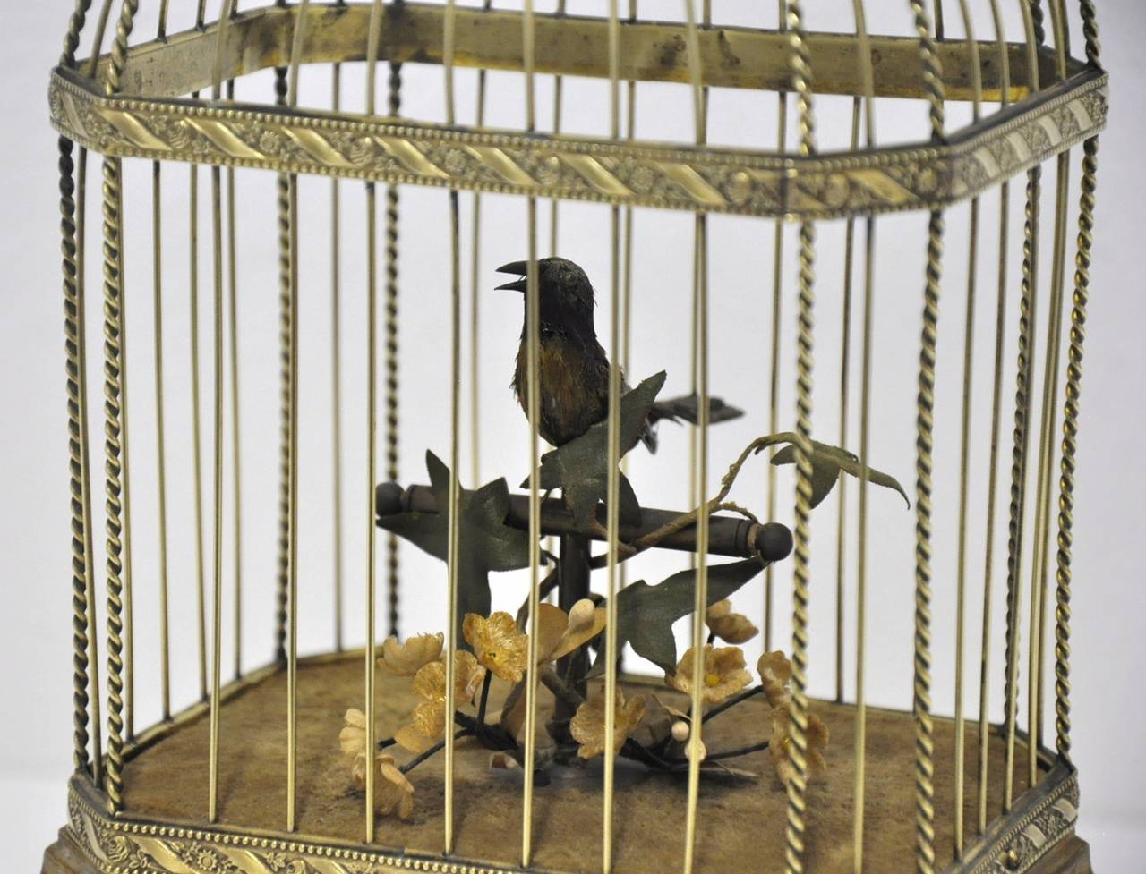 Art Nouveau Vintage European Mechanical Singing Bird in Brass Cage