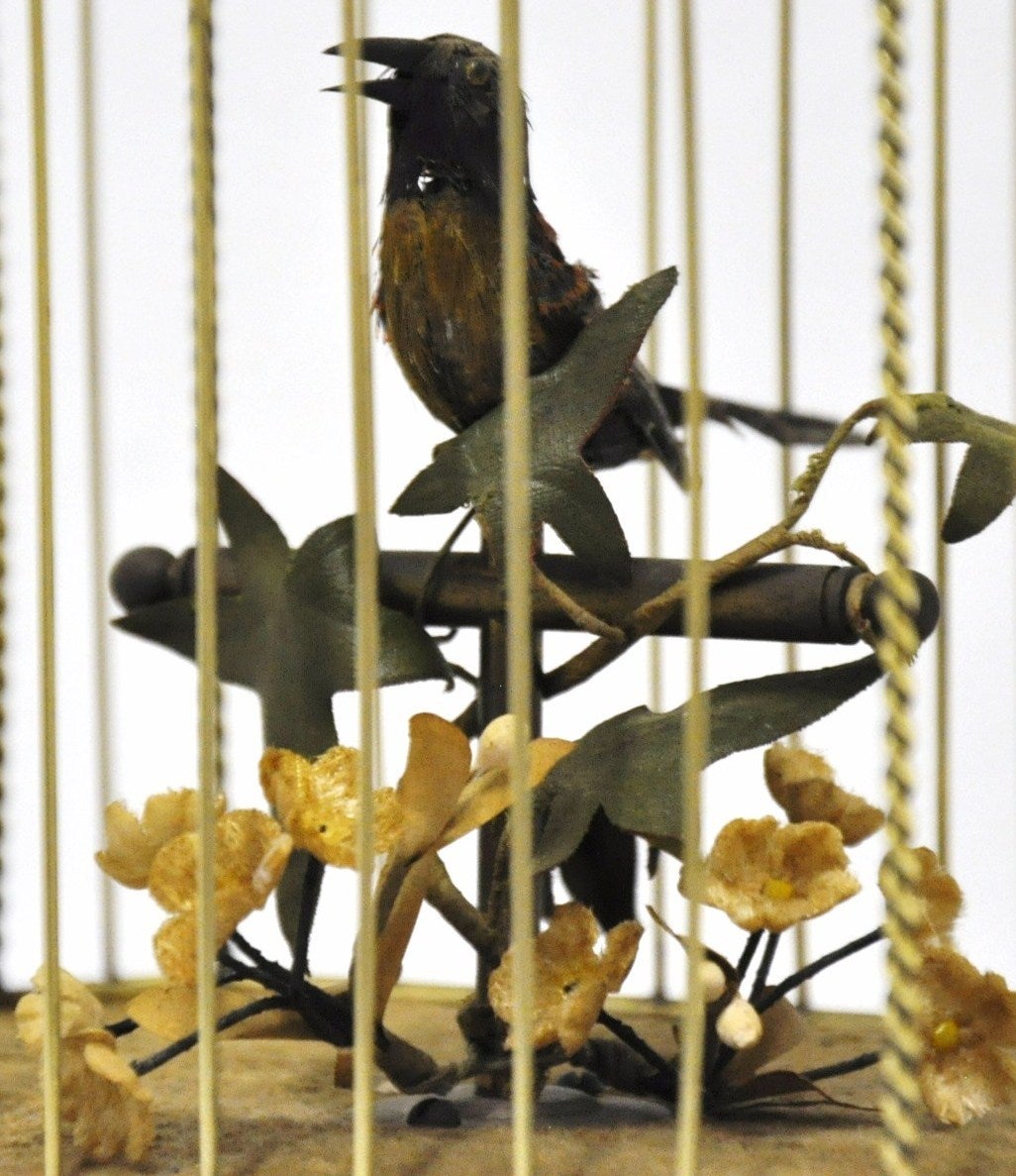 French Vintage European Mechanical Singing Bird in Brass Cage