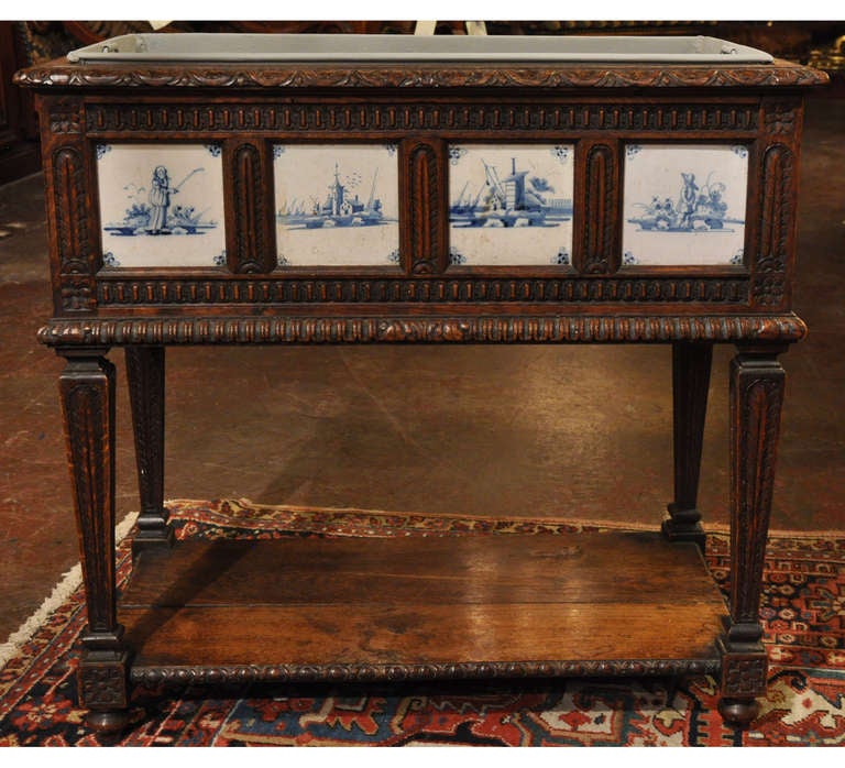 19th C. Carved Louis XVI Style Wood Planter with Delft Blue & White Tile Insets