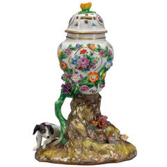 18th Century German Meissen Floral Porcelain Potpourri with Dog and Birds