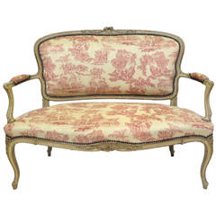19th Century French Louis XV Carved Painted Two-Seat Settee with Antique Fabric