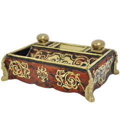 Antique 19th Century Boulle Tortoise Shell Inkwell with Brass Inlays