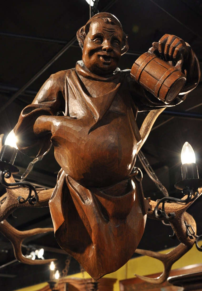 Turn-of-the-Century German Antler & Carved Monk Lüstermännchen Chandelier