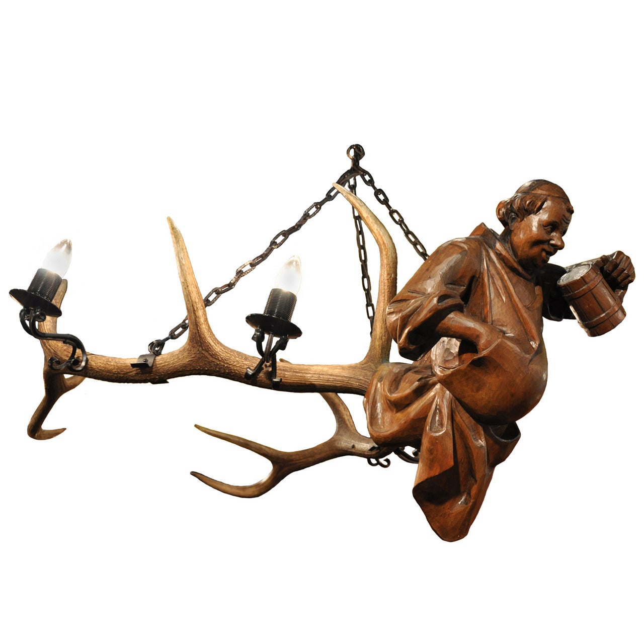 Turn-of-the-Century German Antler 
Carved Monk Lüstermännchen Chandelier