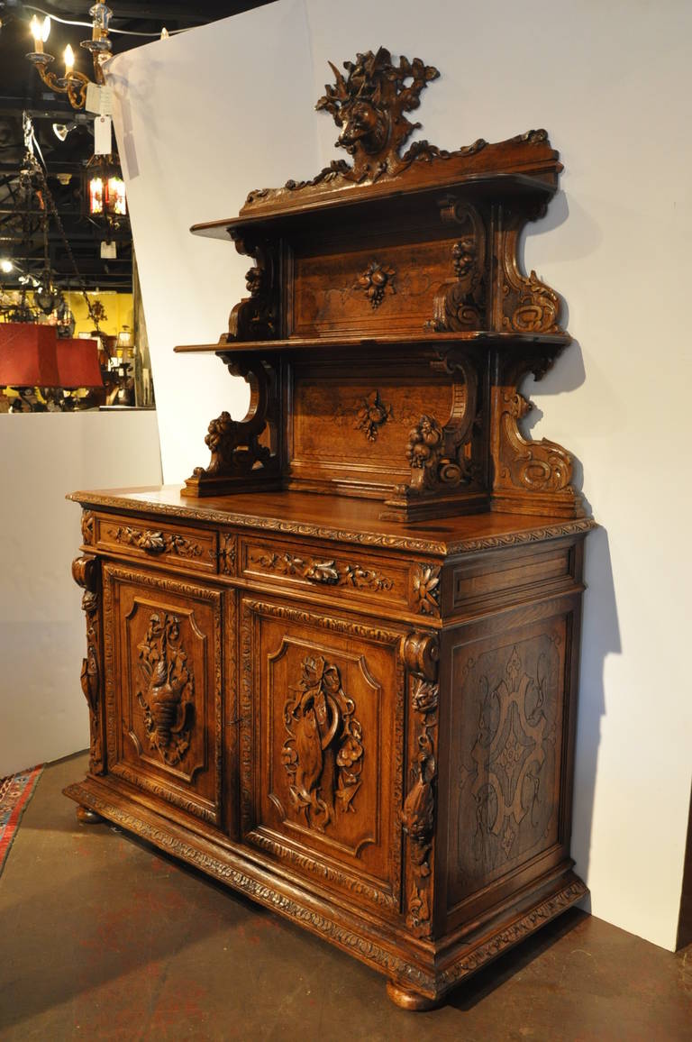 Antique Carved Hunting Black Forest Buffet Display Cabinet