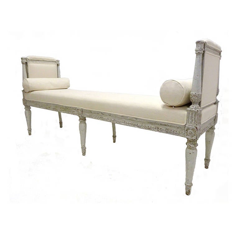 19th century Louis Philippe painted banquette newly upholstered with white toile.