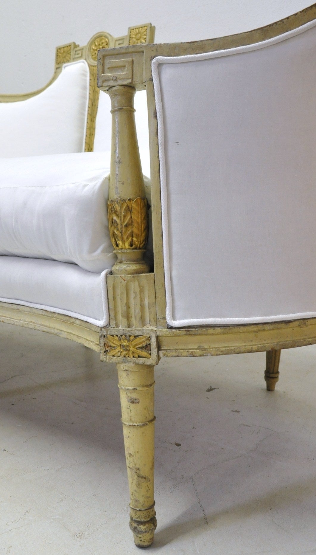 Hand-Carved 19th Century French Louis Philippe Curved Painted Canape Sofa with White Muslin