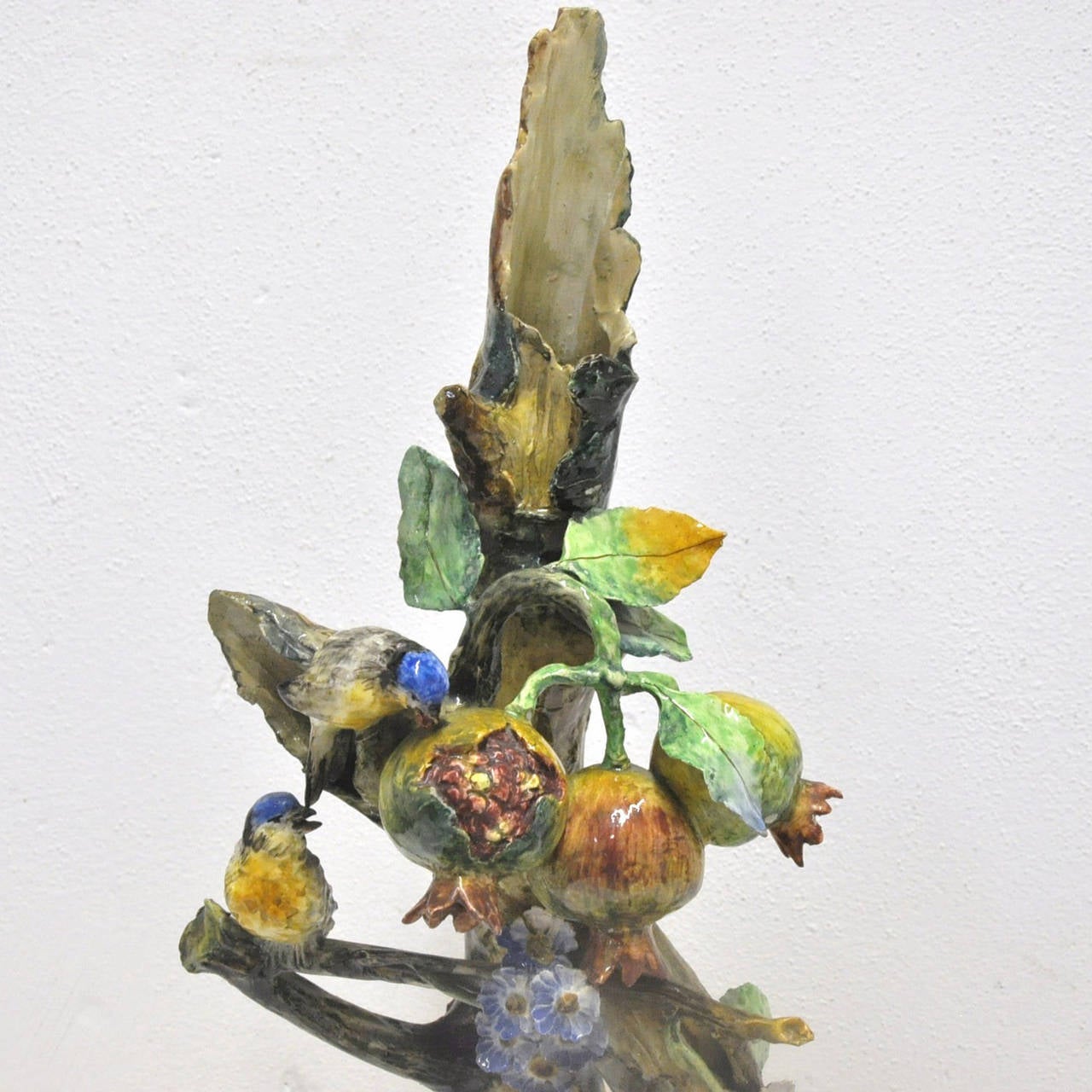 Large Colorful Antique Majolica Barbotine Vase with Birds, Fruits and Flowers