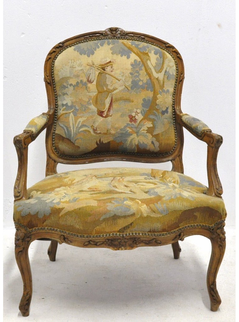 French Three-Piece Antique Louis XV Salon Seating Set with Aubusson Tapestry
