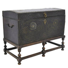 18th C. Leather Trunk on Wooden Base