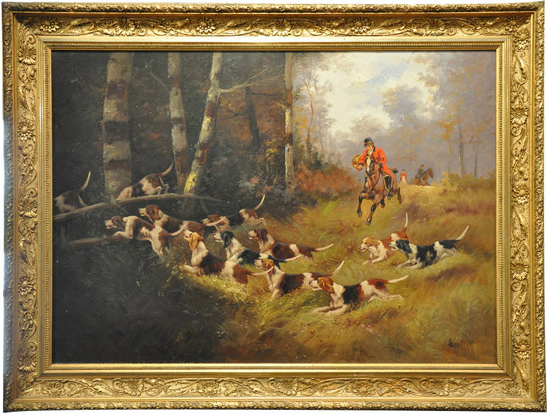 Pair of framed 19th century oil on canvas paintings signed Louis Lartigau (C:1880), depicting hunting scenes ( outdoor during the hunt, indoor after the hunt). Beautiful details and colors. Original gilt frames.