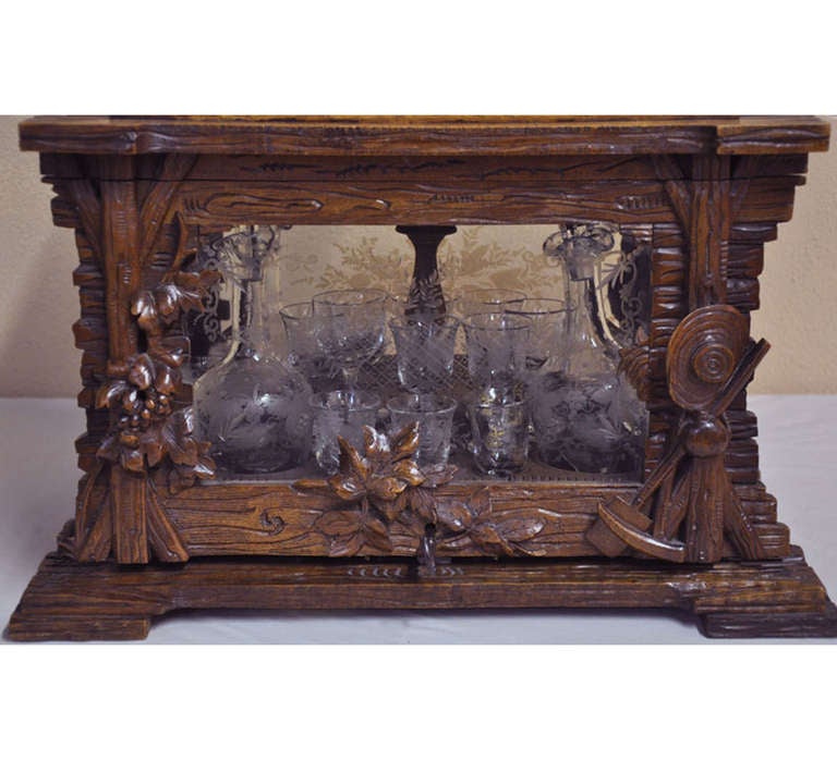French Black Forest Carved Cave A Liqueur Liquor Box