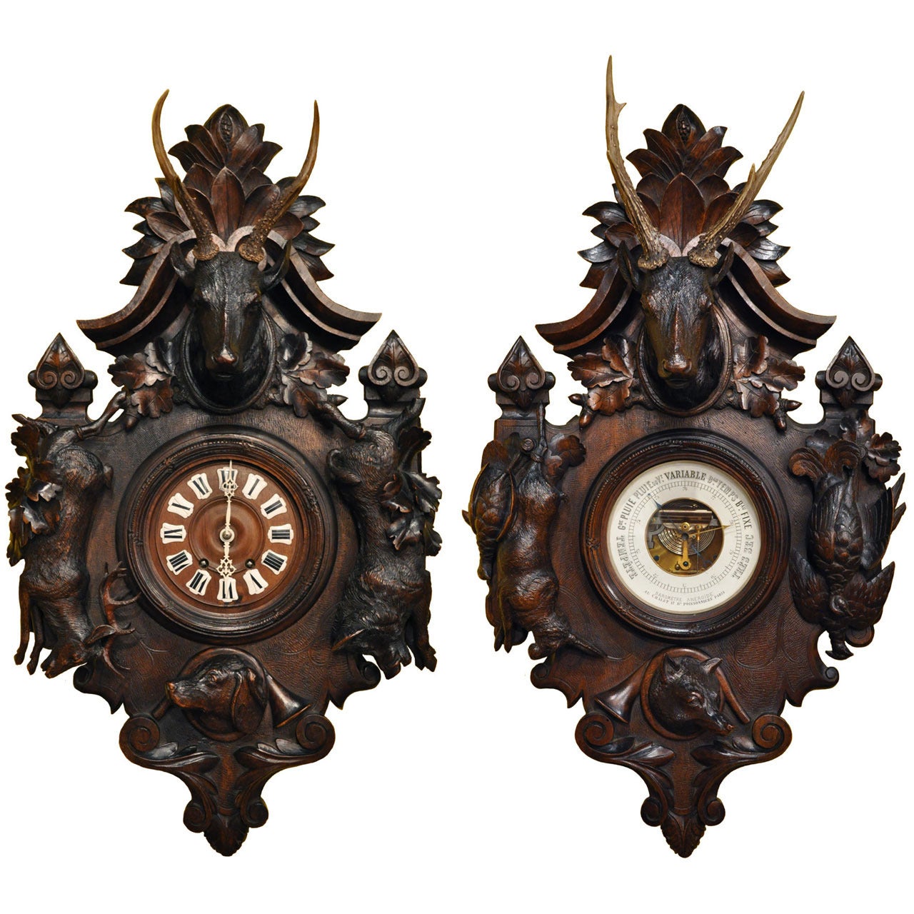 PAIR OF BLACK FOREST CLOCK & BAROMETER (c:1870)