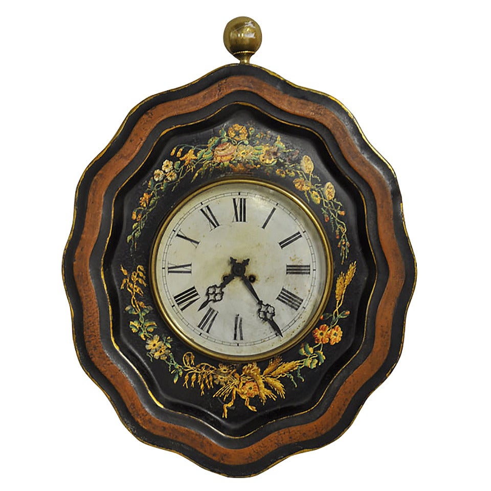 19th Century French Oval Hand-Painted Tole Wall Clock with Floral Motifs