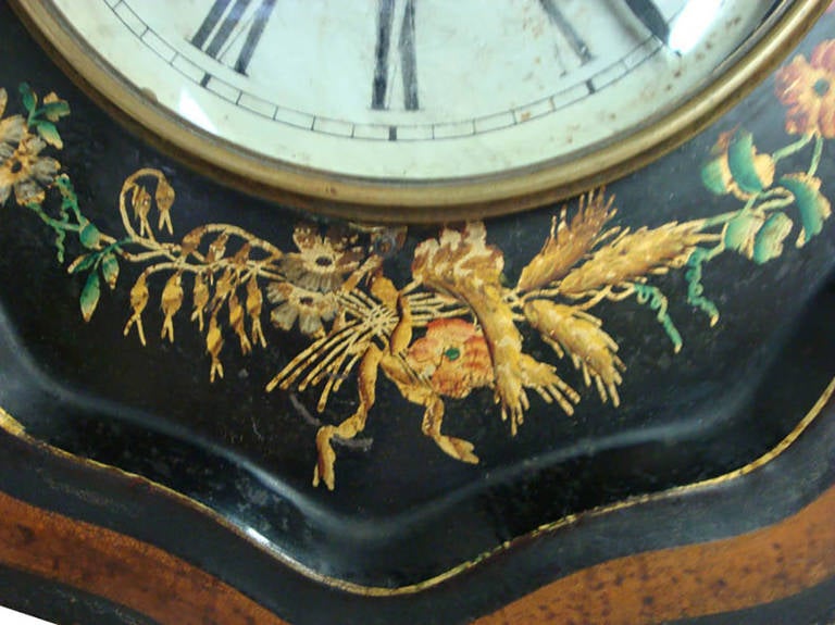 Napoleon III 19th Century French Oval Hand-Painted Tole Wall Clock with Floral Motifs