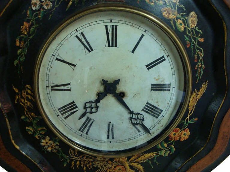 Hand-Crafted 19th Century French Oval Hand-Painted Tole Wall Clock with Floral Motifs