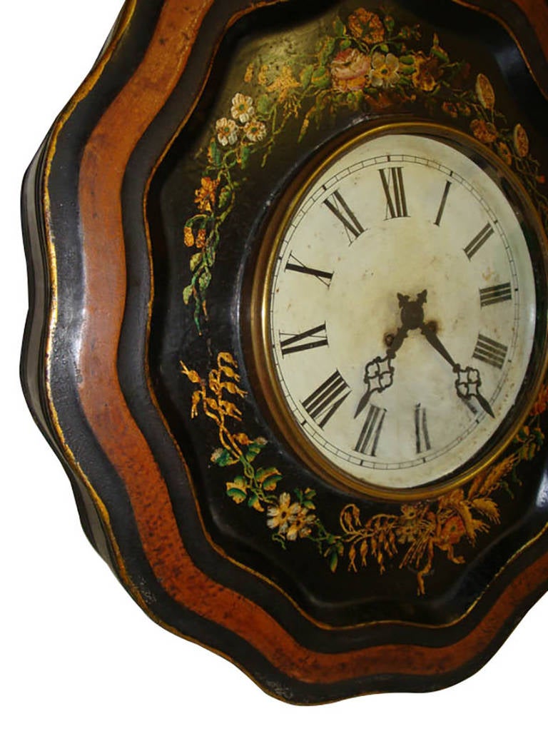 19th Century French Oval Hand-Painted Tole Wall Clock with Floral Motifs In Excellent Condition In Dallas, TX