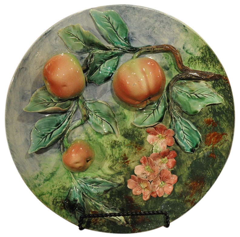Pair of hand-painted majolica/barbotine platters (c:1940). Very colorful with pears, apples and flowers.