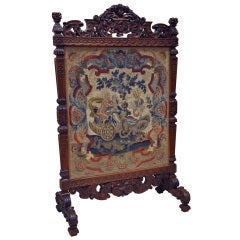 19th Century, French Hand-Carved Walnut Needlepoint Fireplace Screen