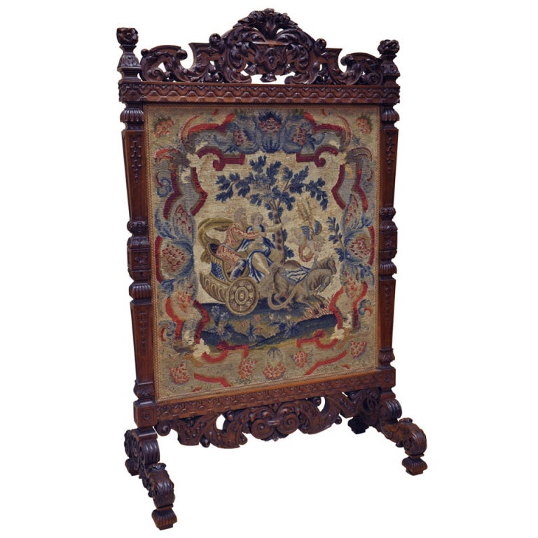 19th Century, French Hand-Carved Walnut Needlepoint Fireplace Screen