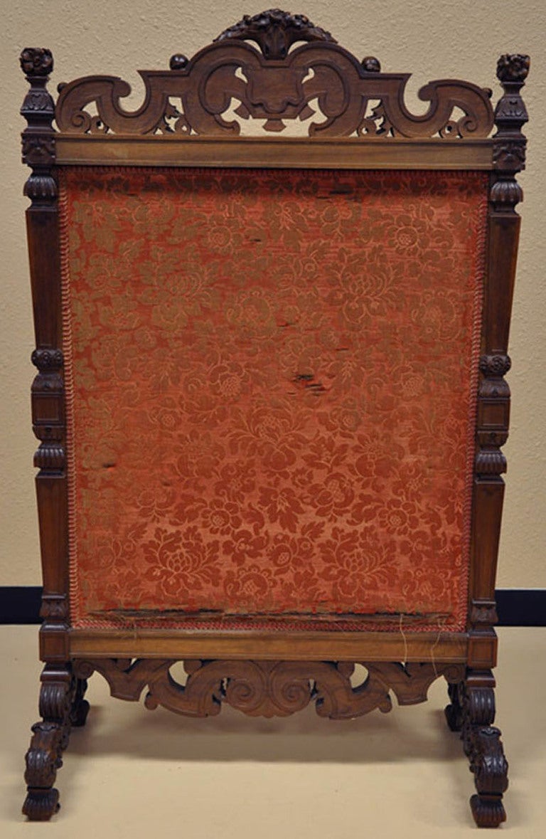 19th Century, French Hand-Carved Walnut Needlepoint Fireplace Screen