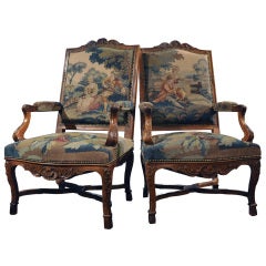 Pair of 19th Century Walnut Armchairs with Aubusson Tapestry