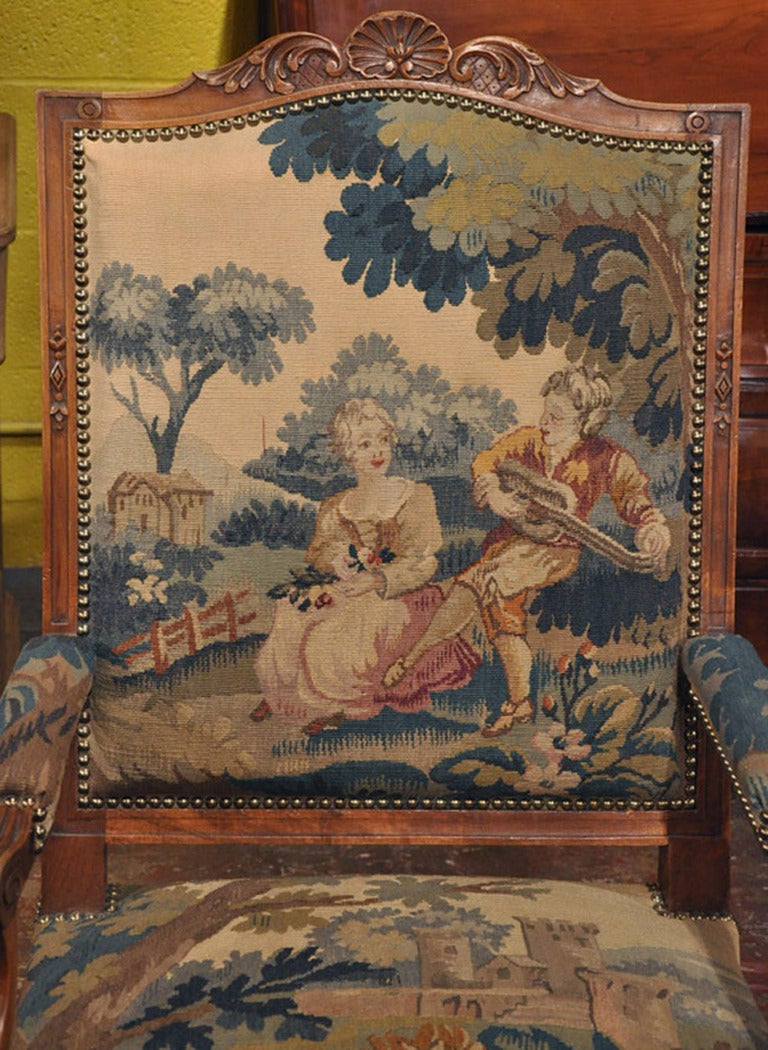 Pair of 19th Century Walnut Armchairs with Aubusson Tapestry at 1stdibs