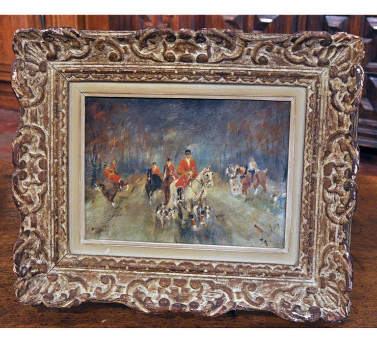 Set of 3 19th C. Equestrian paintings on wood panel, each in antique frames.
Each painting is signed, but illegible.
Dimensions in frame: 20