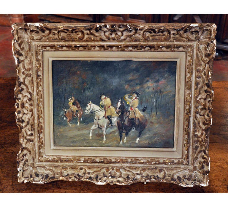 Set of 3 Framed 19th C. Equestrian Paintings on wood panel 1