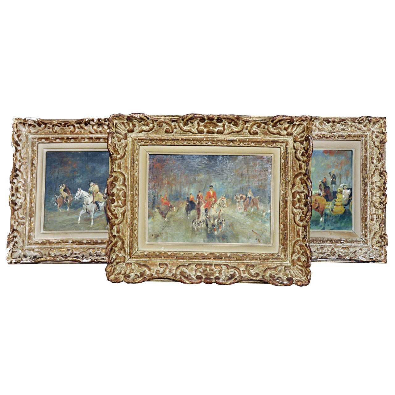 Set of 3 Framed 19th C. Equestrian Paintings on wood panel