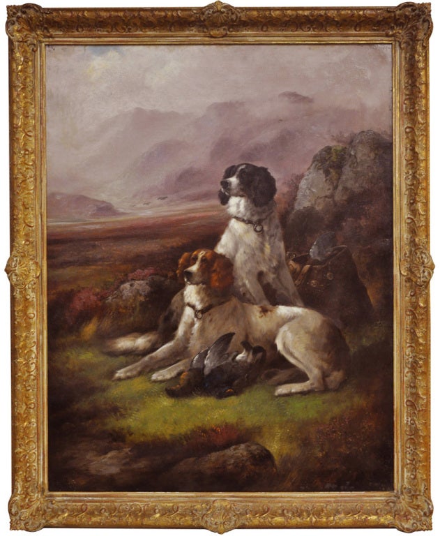 Pair of antique oil on canvas paintings, circa 1860, depicting hunting dogs signed James Hardy Jr (British: 1832-1889).
James Hardy junior came from an artistic family. His father was the landscape painter James Hardy senior and his brother was