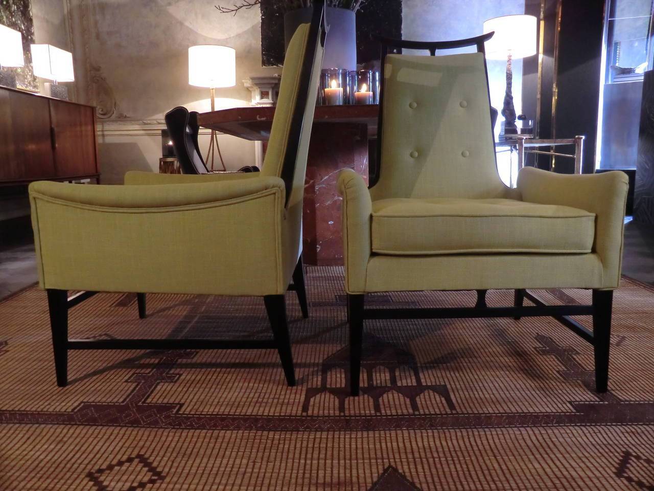 Ebonized walnut structure , newly reupholstered in yellow linen fabric
