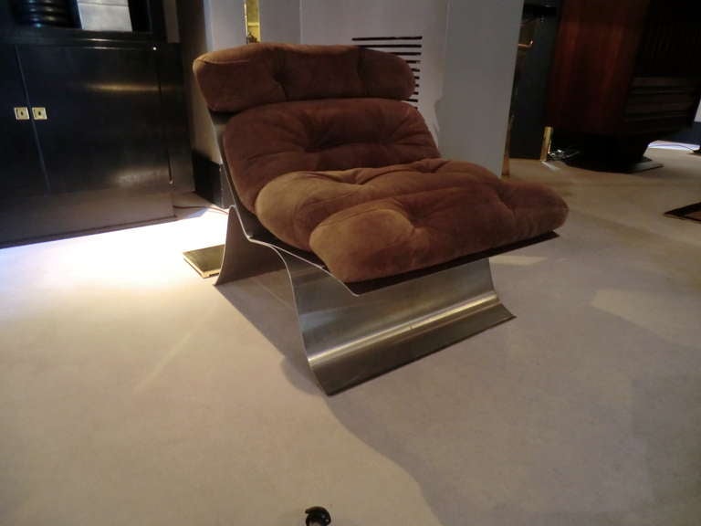 Lounge Chair in Stainless Steel with Original Brown Suede Cushions