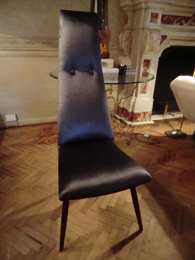 set of 4 highback dining chairs newly reupholstered in gunmetal grey linen velvet ,walnut base