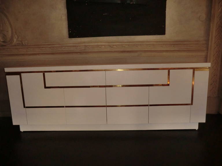 1970s Italian Sideboard with White Leather Brass Details