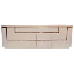 1970s Italian Sideboard with White Leather Brass Details