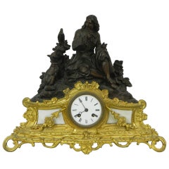 French Bronze Mantel Clock on a Gilt Base with Marble Decorations