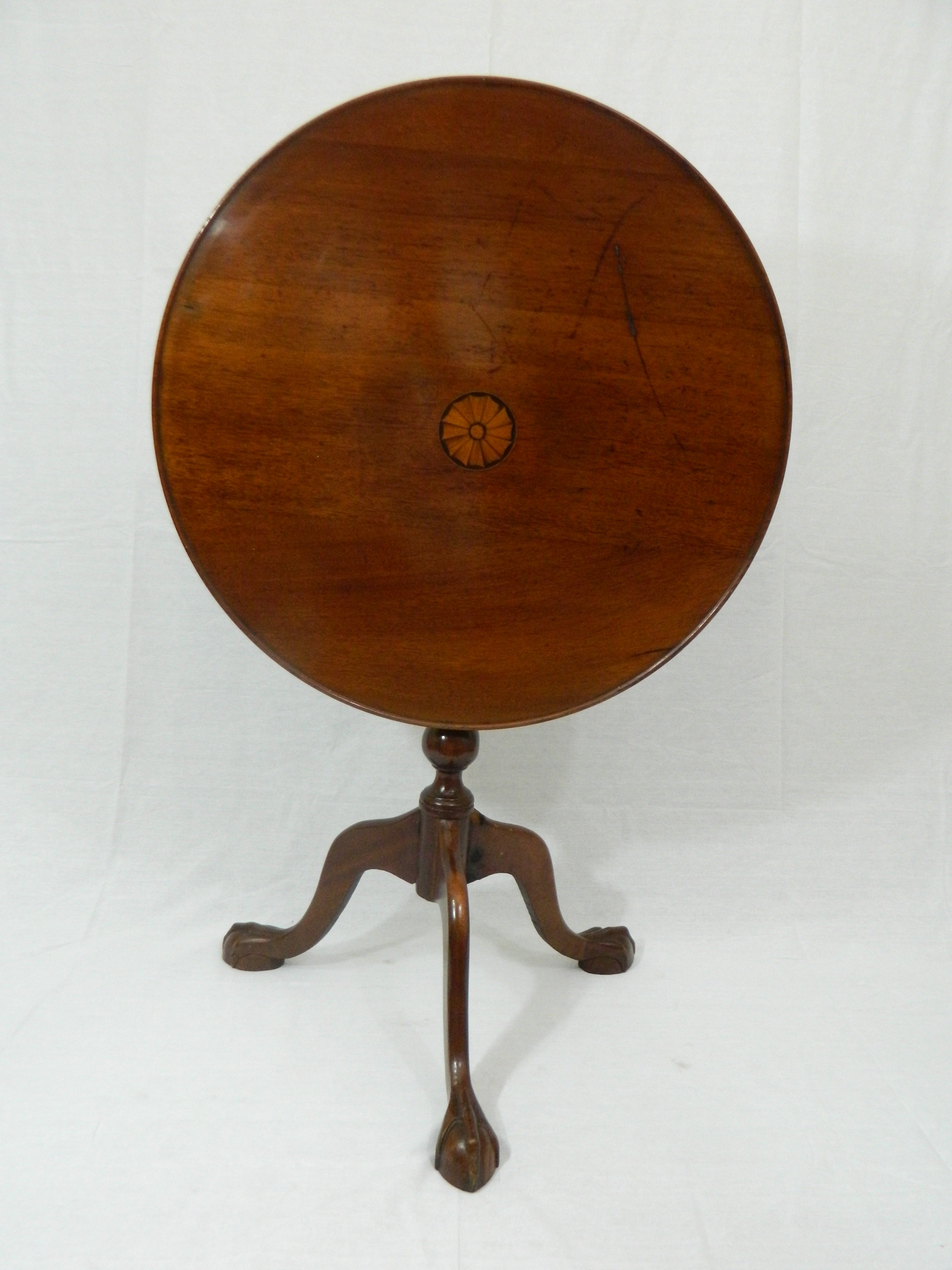 Queen Anne Inlaid Mahogany TiltTop Tea Table Raised on Cabriole legs