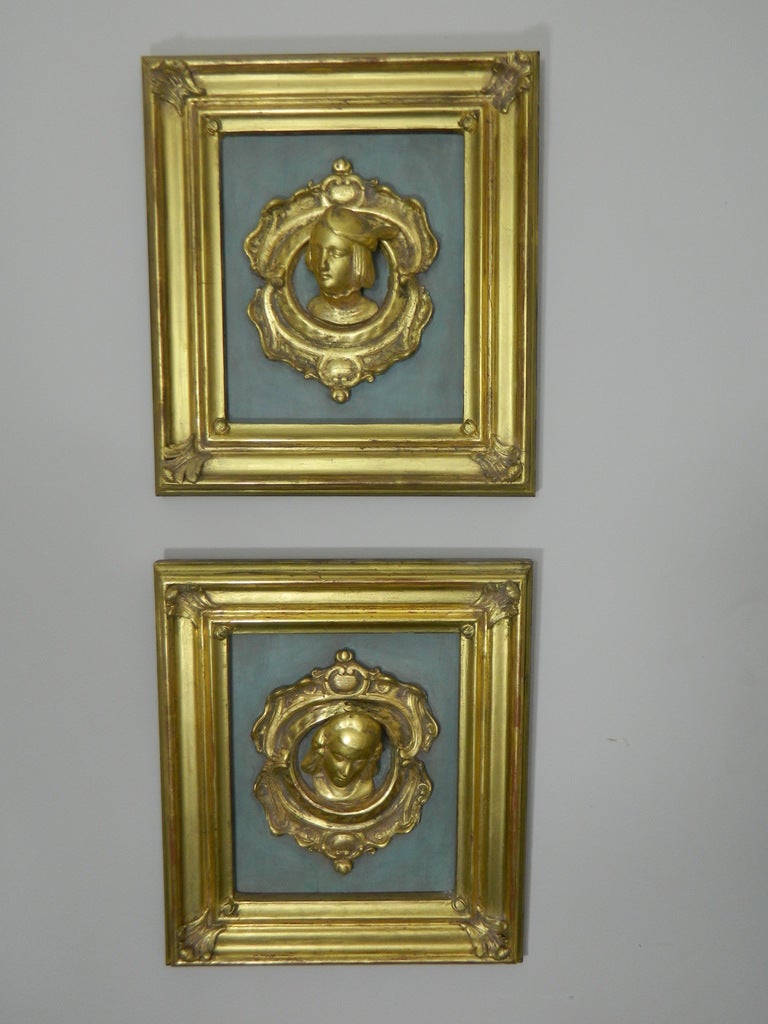 Pair of Framed Italian 23K Gold Leaf Renaissance Figures Depicting a Young Boy and a Girl, 20th Century