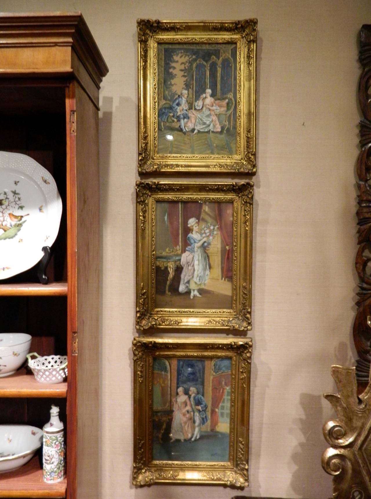 Set of Three Framed Watercolor Paintings Depicting French Romantic Interior Scenes, Signed 