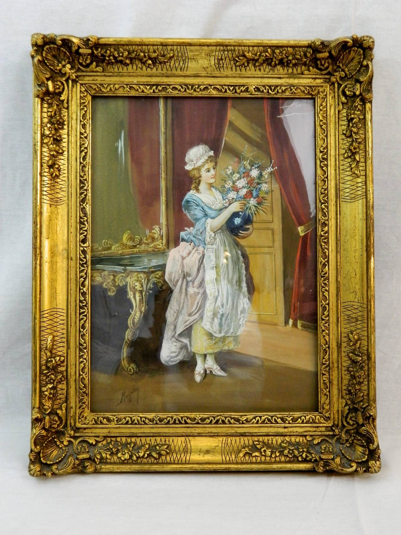 Set of Three Watercolors Depicting French Romantic Interior Scenes, Circa 1860 In Excellent Condition In Savannah, GA