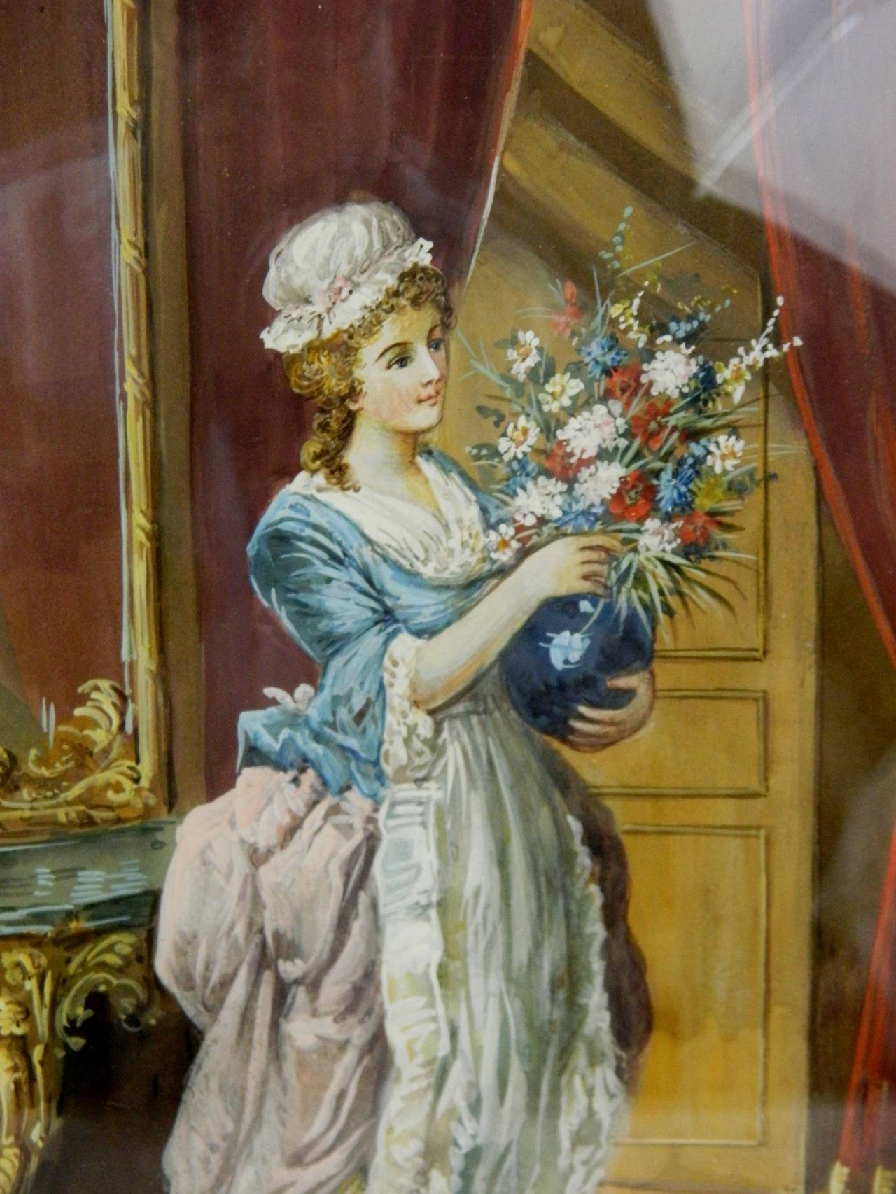 19th Century Set of Three Watercolors Depicting French Romantic Interior Scenes, Circa 1860