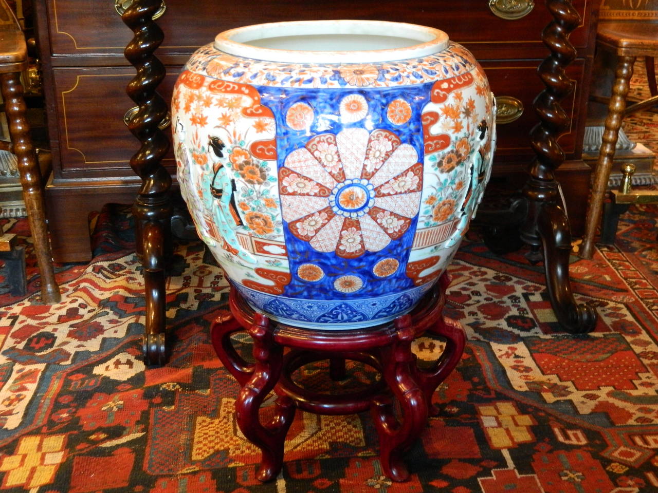 Japanese Imari Jardiniere or Fish Bowl with Relief Design, 19th Century