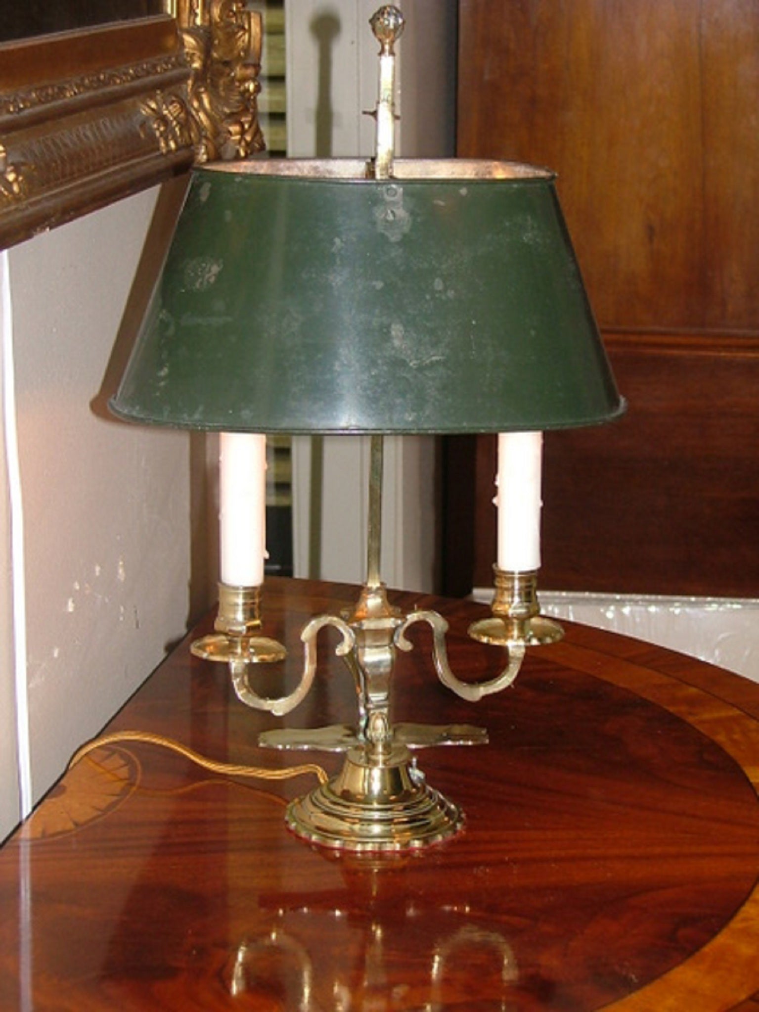 Louis XV Style Two-Light Bouillotte Lamp with Adjustable Tole Green Lamp Shade