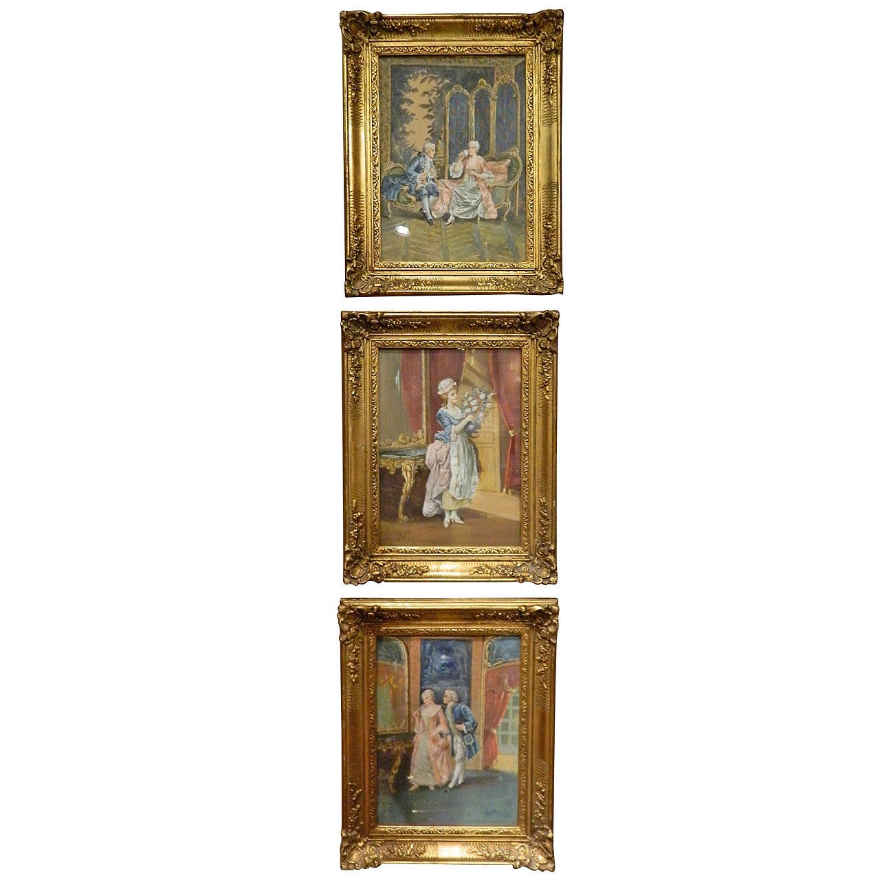 Set of Three Watercolors Depicting French Romantic Interior Scenes, Circa 1860